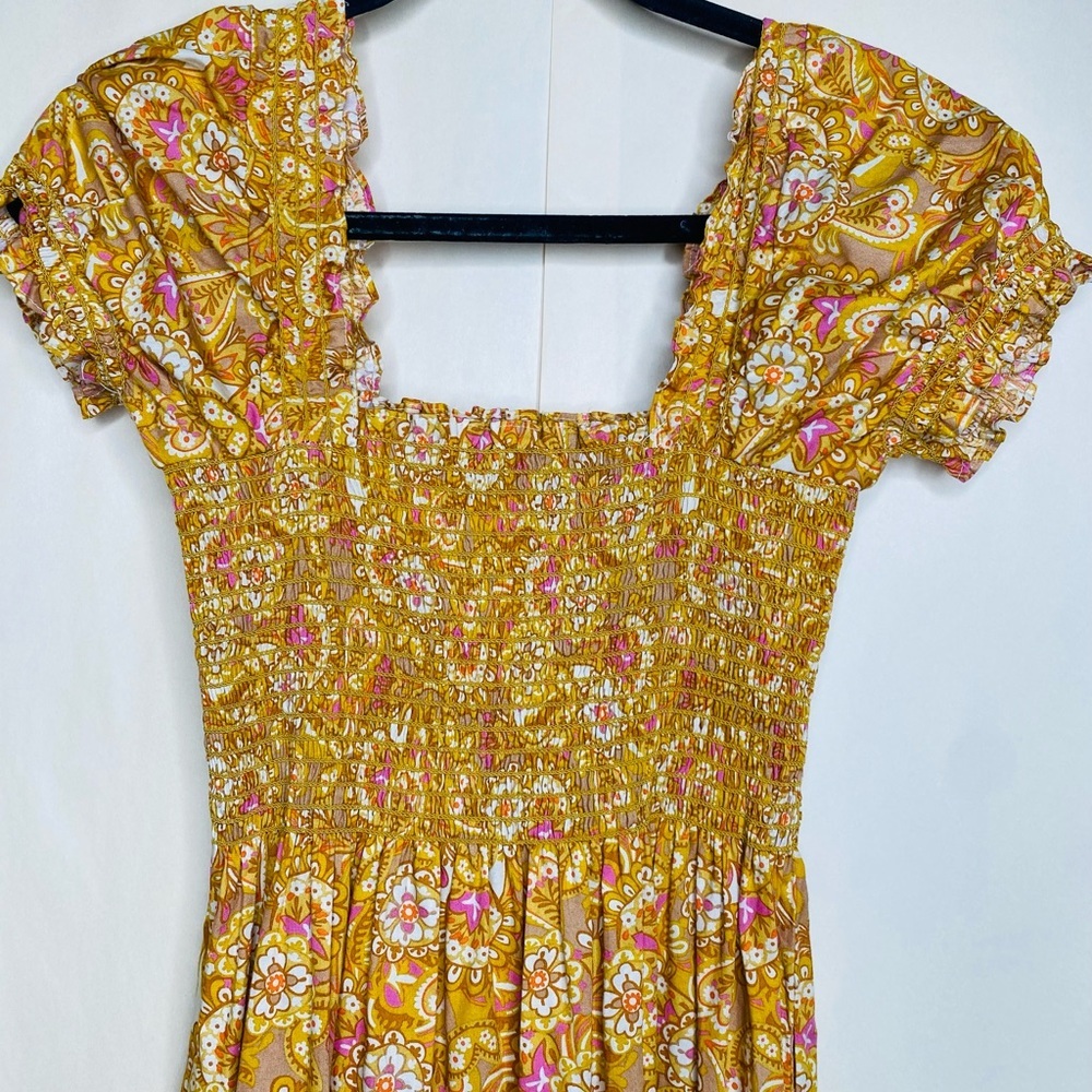 O. P. T. Cotton Women’s Allover Print Tiered Dress, Mustard Sz Sm - Picture 4 of 8
